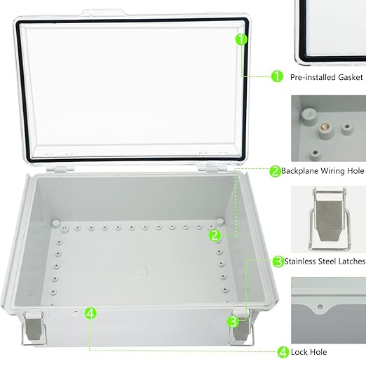 Zulkit Junction Box ABS Plastic Dustproof Waterproof IP67 Electrical Boxes Hinged Shell Outdoor Universal Project Enclosure Grey Clear Cover, Stainless Steel Buckles (13.8 x 9.8 x 5.9 Inch