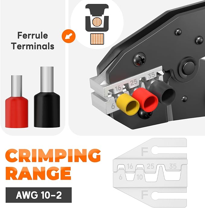 Crimping Tool for Sleeves Ferrule Terminals and Pin Cord End - AWG 10-2 Ratcheting Wire Crimper Tool - Ratchet Wire Terminal Crimping Pliers, for Larger Diameter Ferrules Connectors