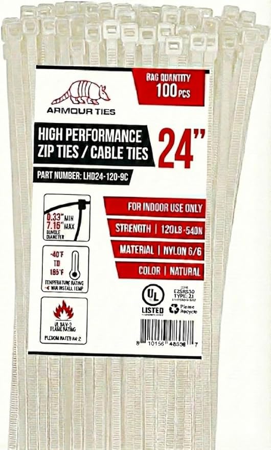 24-inch White Zip Ties Heavy Duty Natural Nylon Cable Ties, 120lb Tensile Strength, 100-Pack - Durable Wire Ties, Heavy Duty Tie Straps Indoor Cable Management Solution by ARMOUR TIES