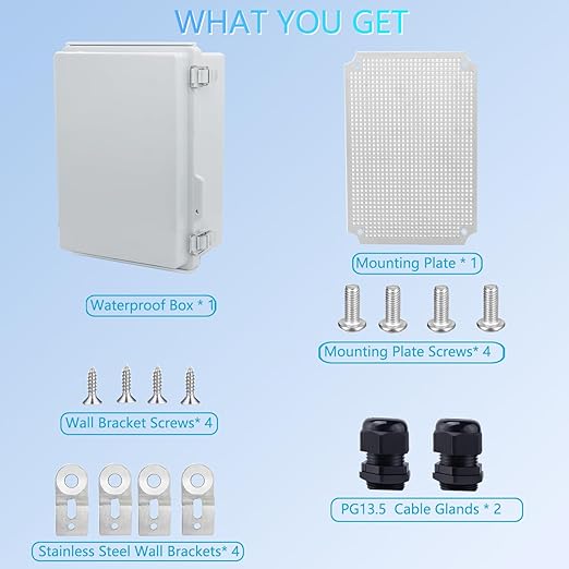 Waterproof Junction Box, ABS Plastic Electrical Box with Stainless Steel Latch, Hinged Cover Electric Project Enclosure Box with Mounting Plate, Wall Brackets & Cable Gland 11"x7.5"x5.1"