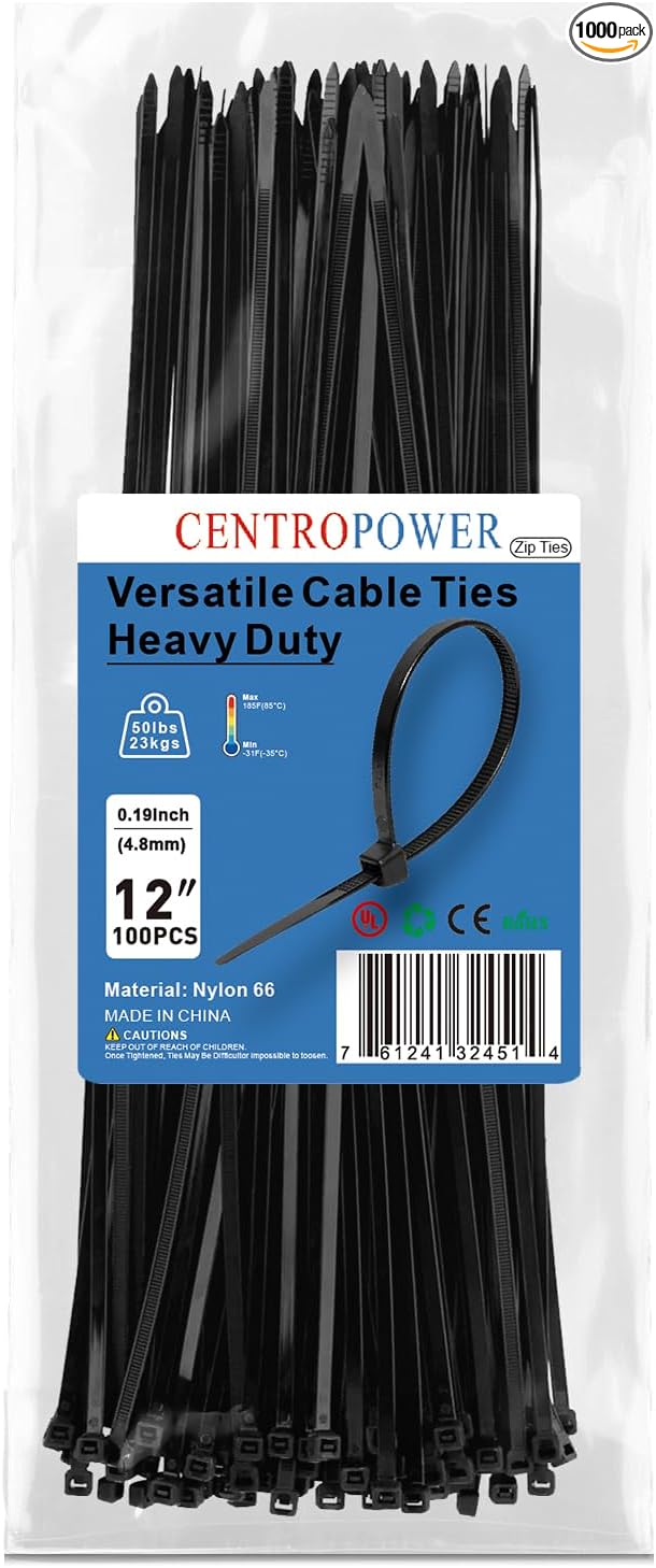 Zip Ties 12 inch 1000 Pack Black 50 lb Tensile Strength Self - Locking Nylon Cable Management UV Resistant for Indoor and Outdoor, Garden, Office, Home Use. by CENTROPOWER