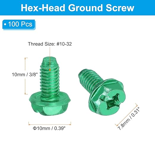 PATIKIL 10-32 x 3/8 Inch Hex Washer Head Grounding Screws, 100 Pack Green Ground Hex Flanged Head for Electrical Junction Boxes, Metal Outlet and Switch Boxes