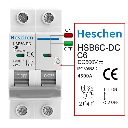 Heschen 2PCS DC Miniature Circuit Breaker, HSB6C-DC, 2 Poles, DC500V 6A, Photovoltaic Circuit Breaker, for Solar PV System Solar Panels Grid System, 35mm DIN Rail Mounting (6A)