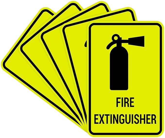 Signs ByLITA Portrait Round Fire Extinguisher Sign with Adhesive Tape, Mounts On Any Flat Surface (Yellow/Black) - Small (5 Pack)
