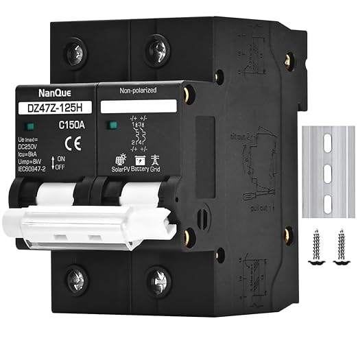 DC Circuit Breaker 36V to 250V Large Current Max 150A Black Color DIN Rail Mounting 2 Poles Thermomagnetic Short Circuit Overload Protector Solar Panel Battery Switchs (150A)