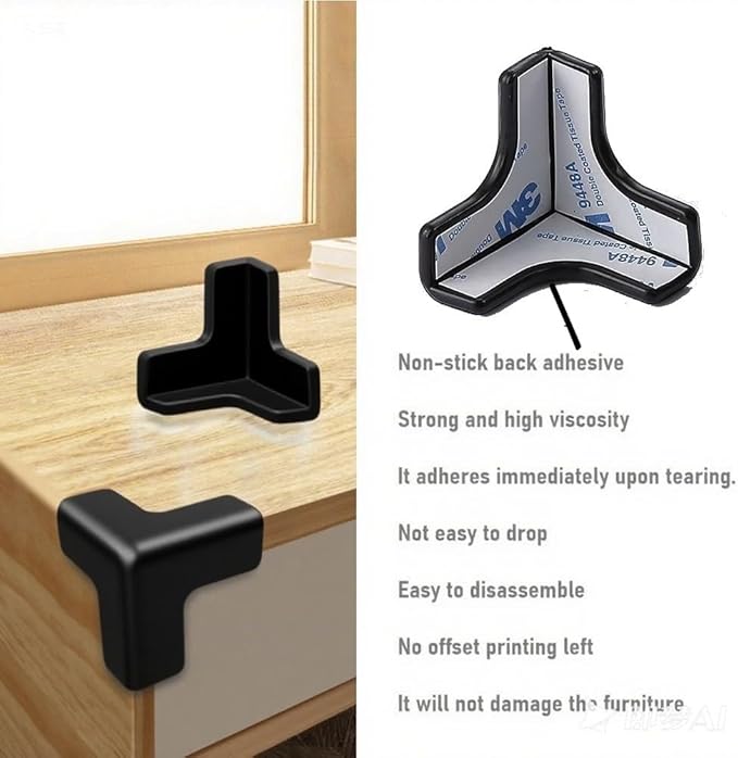 Silicone Corner Protector 10 Pack, Transparent Triangle Baby Proofing Guards, No Adhesive Soft Bumpers for Furniture, Tables, Windowsills & Counters (black)