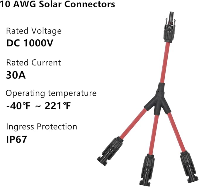 3 to 1 Solar Panel Connectors Y Branch Universal 10 AWG Solar Connectors (Red & Black)