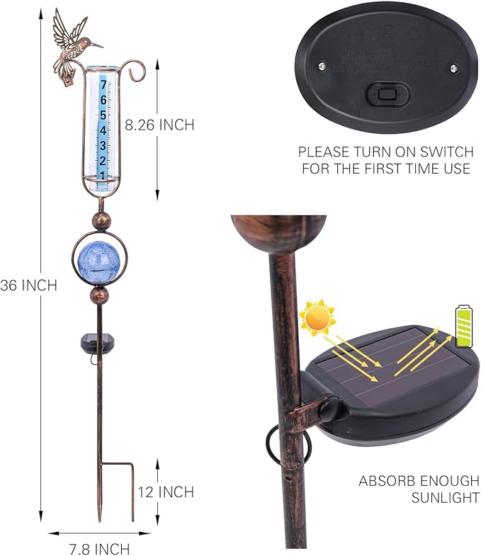 MUMTOP Rain Gauge Outdoor, 36 Inch Hummingbird Crackle Glass Solar Lights for Lawn, Yard and Garden