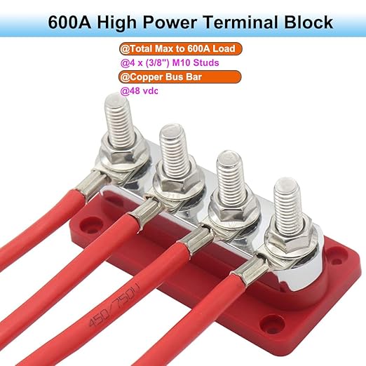 Heavy Duty BusBar Copper Power Distribution Block 12V-48V 600A with 4X 3/8" Posts Terminal, Marine Bus Bar, High Current DC Battery Buss Bar with Cover for Car RV Solar Trucks Yacht, Red