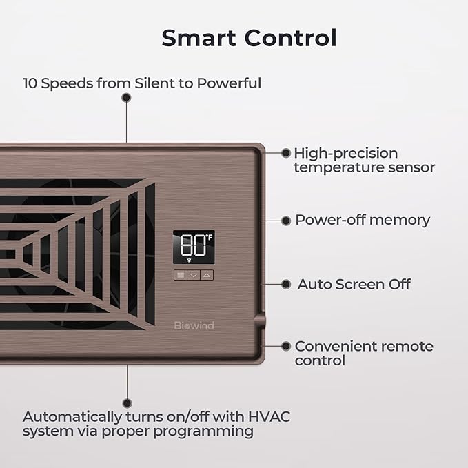 Quiet Register Booster Fan Fits 4" x 10" Register Holes, 10-Speed Smart Heating Cooling AC Vent Fan with Remote Control and Thermostat Control - Bronze