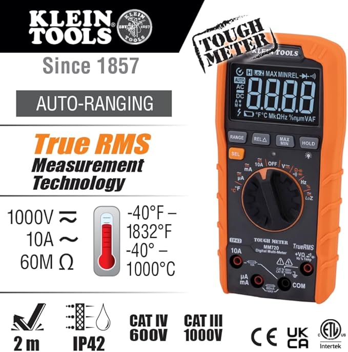Klein Tools MM720 Digital Multimeter, Auto-Ranging TRMS, Low Impedance (LoZ), 1000V AC/DC Voltage, 10A AC/DC Current, 60 MOhms Resistance