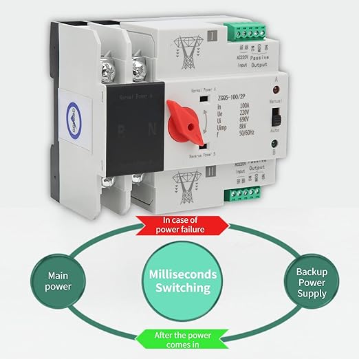 Automatic Transfer Switch, 100A 220V 2P Mini ATS, Din Rail Mounted, Electrical Type Power Toggle Controller