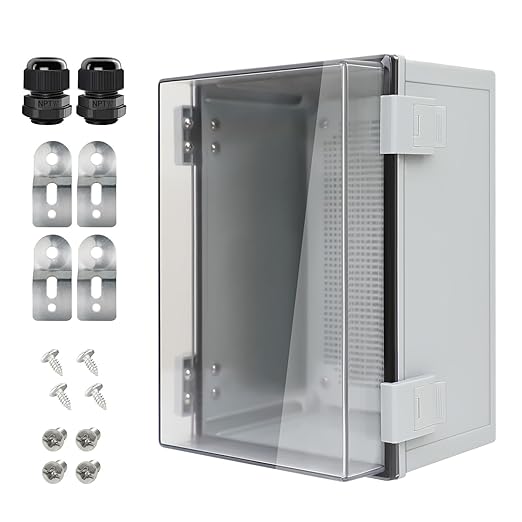 Junction Box IP65 Waterproof ABS Plastic Enclosure Hinged PC Clear Cover Electrical Project Box with Mounting Plate, Wall Brackets, Cable Glands 11.8"x 7.9" x 7.1"