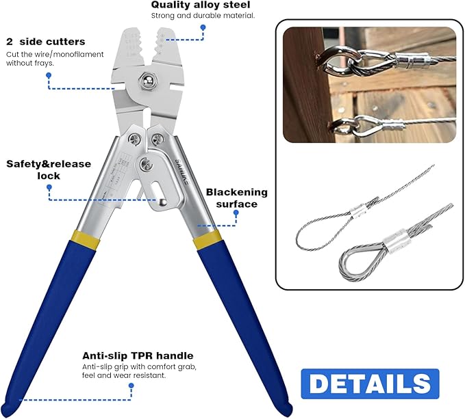 Sanuke Wire Rope Crimping Tool for 3/64 5/64 1/16 Wire Rope with 304 Stainless Steel Cable 3 Sizes 33FT and 150pcs Sleeves Stops, 10pcs Thimble