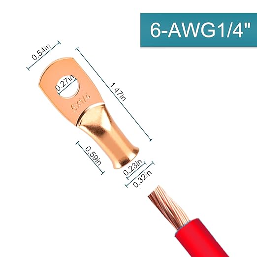 10 PCS Battery Terminal Connectors, Battery Cable Ends Lugs, 6 Gauge Wire Connectors, Ring Terminals, Copper Wire Lugs with Heat Shrink Tubing.