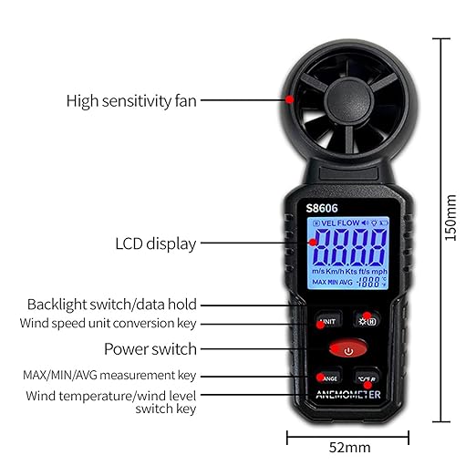 3 in 1 Handheld Anemometer Wind Speed Meter Gauge Speedometer Wind Level Tester Air Flow Meter Temperature Measuring Device Outdoor for Sailing Surfing Flying Shooting