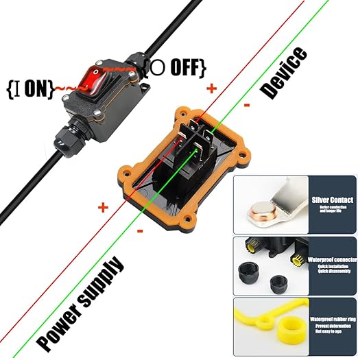 Waterproof Inline Cord Switch,DPST DC 16A-24V,20A-12V, On Off Toggle Switch with Red Light Rocker Button Switch,Outdoor Start Stop Switch,Two Side Entry and Exit Line