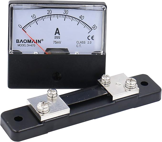 BAOMAIN DH-670 DC 0-50A Analog Amp Panel Meter Current Ammeter with 50A 75mV Shunt Resistor, Class 2.0 Accuracy, Mechanical Pointer Gauge for Battery Charging & Solar Systems