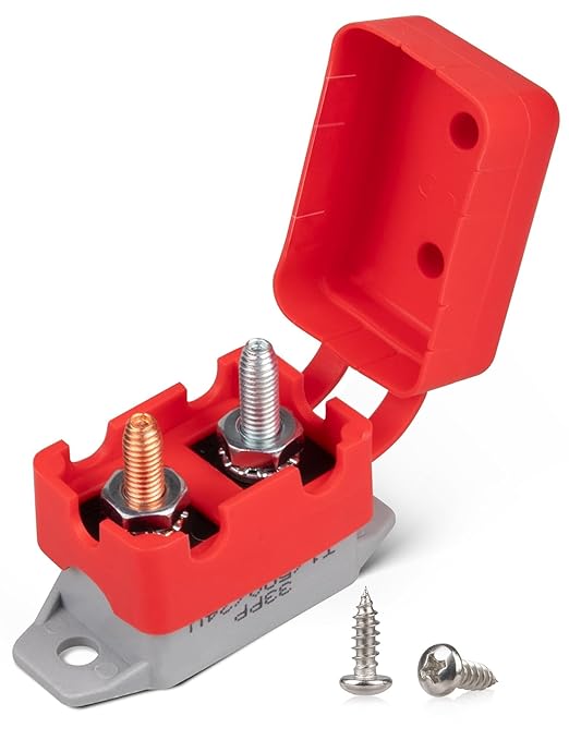 RED WOLF 50Amp Automatic Reset Circuit Breaker with Cover, DC 12V-24V Nylon Insulated & Anti-Rust Stud Type for Automotive Truck Camper RVs Solar Battery Chargers 1pcs