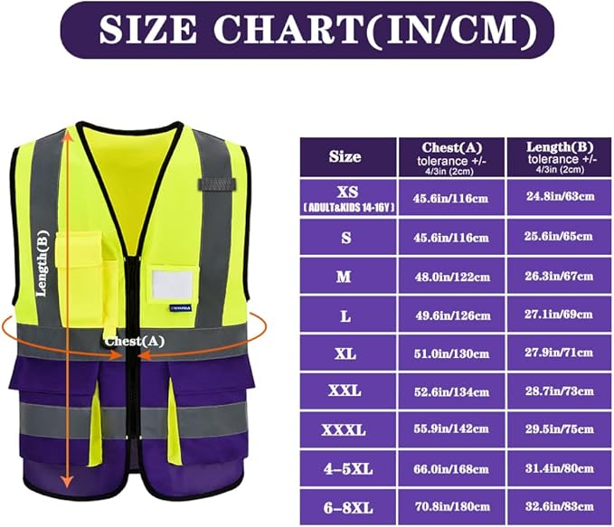 Yellow&Purple X-Small High Visibility REFLECTIVE Safety Vest with 4 Reflective Strips 7 Pockets ZIPPER