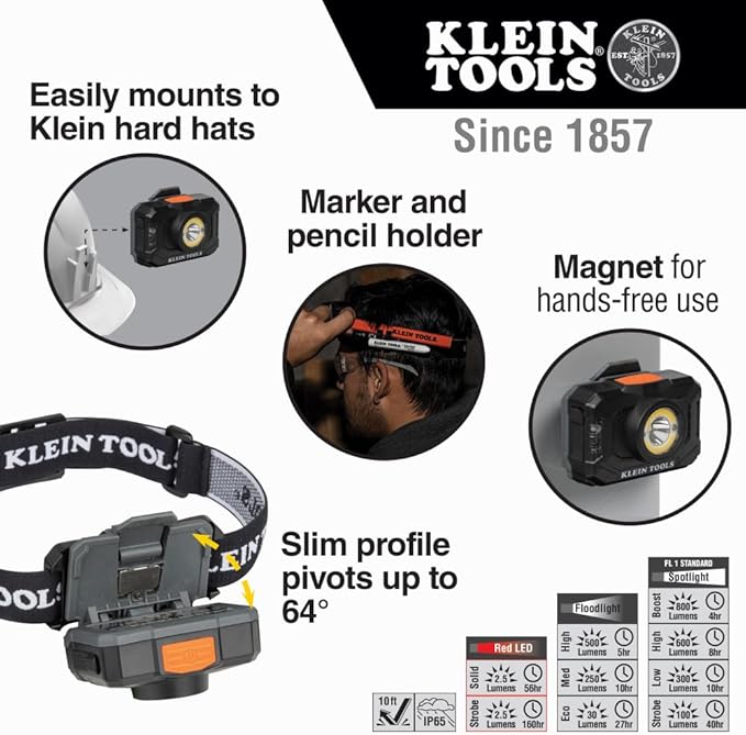 Klein Tools 56414 Rechargeable 2-Color LED Headlamp, Fabric Strap, Spotlight, Floodlight, Red LED, 800 Lumens, USB Cable, Camping, Running