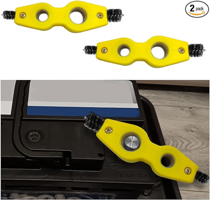 2 PCS Car Battery Terminal Cleaning Brush, 4 in 1 Anti-Rust Auto Battery Cleaner with Steel Wire, Universal Vehicle Battery Terminals Machine Parts Cleaning Tool Accessories (Yellow)