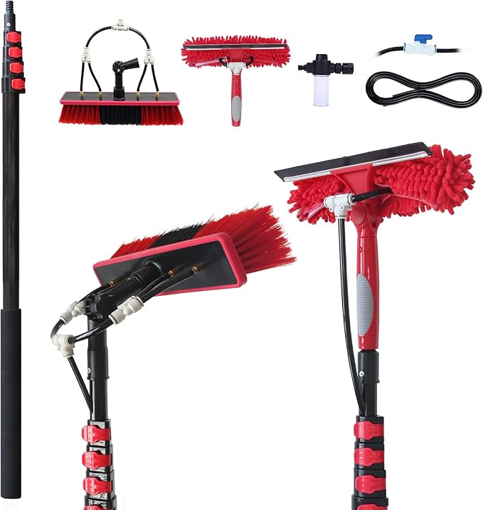20ft Water Fed Pole Brush with Squeegee Kit Telescoping High Reach Window Cleaning Tool with Soap Dispenser Extension Solar Panel Cleaner for Household