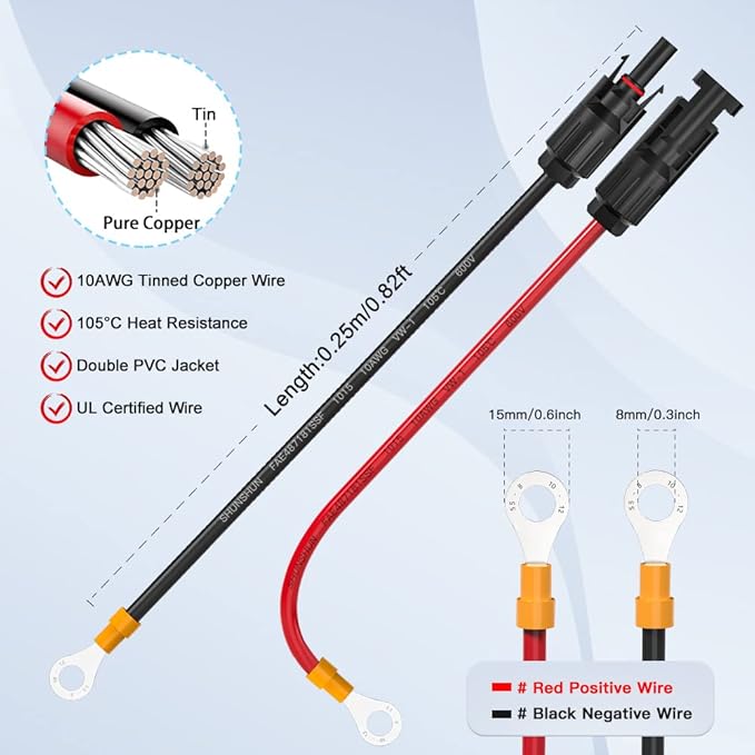 ELECTOP 10AWG Solar Panel Connector Cable, Solar Connecter to O Ring Solar Panel Adaptor Cable with Male and Female Connector for Solar Generator Inverter Battery Pack Charger