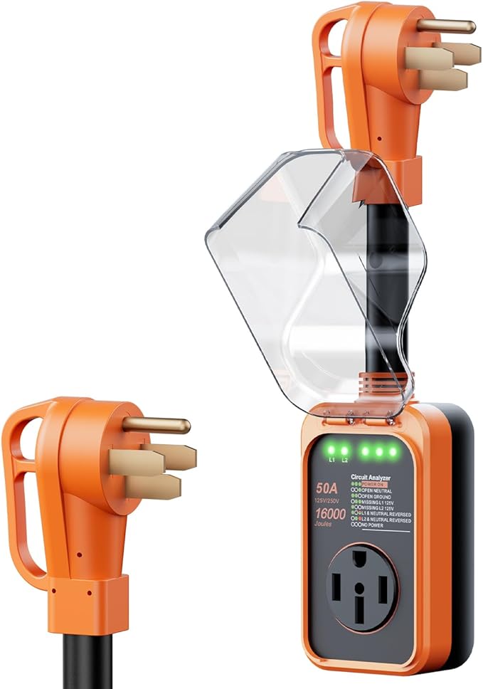 RV Surge Protector 50 Amp, 16000J Surge Protection RV Circuit Analyzer, 2025 Upgraded Voltage Protection RV Electrical with Waterproof Cover, RV Plug Adapter for Camping, Travel Trailers