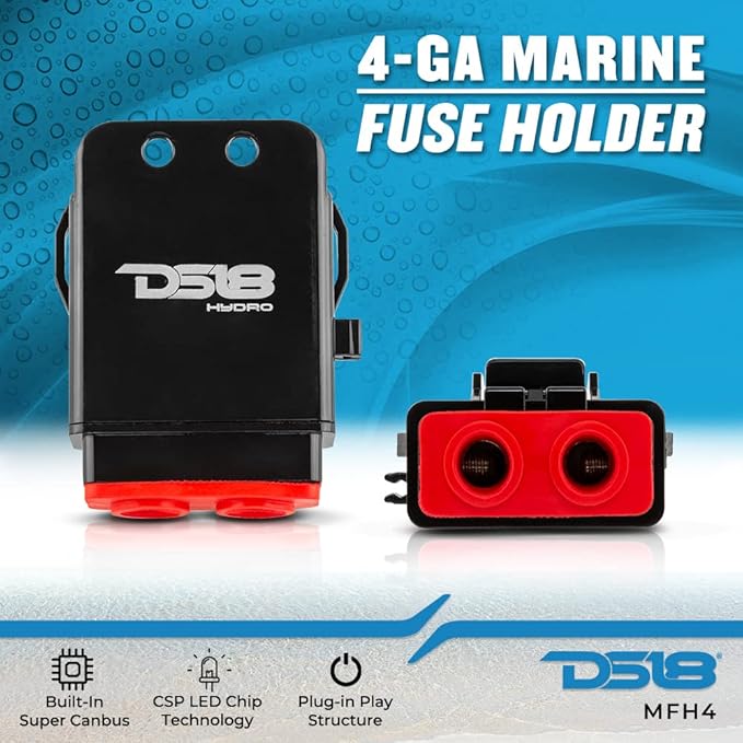 DS18 Hydro MFH4 - Marine Fuse Holder 4 AWG, Waterproof, Red Silicone Sheat, Included Brass Accessories