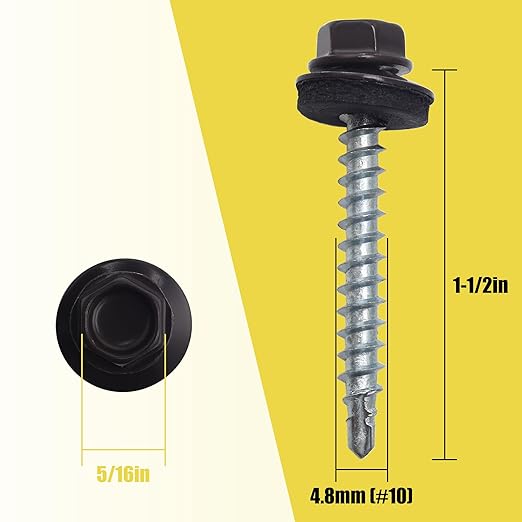 250pcs #10 x 1-1/2" Brown Hex Head Self-Drilling Metal Roofing Screws, EPDM Washer, Colored Head, Sheet Metal Roof Screw with Hex Driver Bit