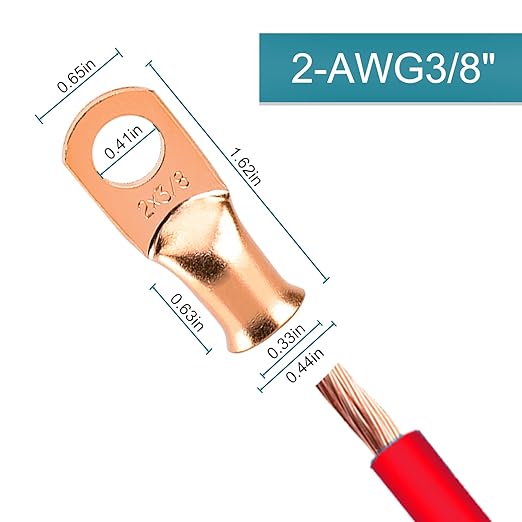 10 PCS Battery Terminal Connectors, Battery Cable Ends Lugs, 2 Gauge Wire Connectors, 2 AWG 3/8" Stud Ring Terminals, Copper Wire Lugs with Heat Shrink Tubing.