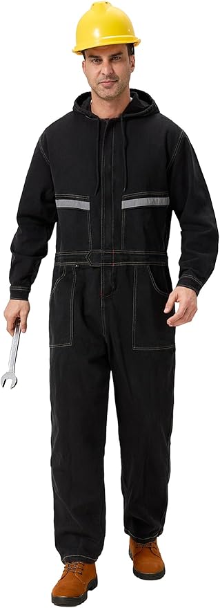 Mens Denim Work Coveralls with Hood Heavy Duty Work Jumpsuit Loose Fit Coverall Hi Viz Mechanic Jeans Overalls