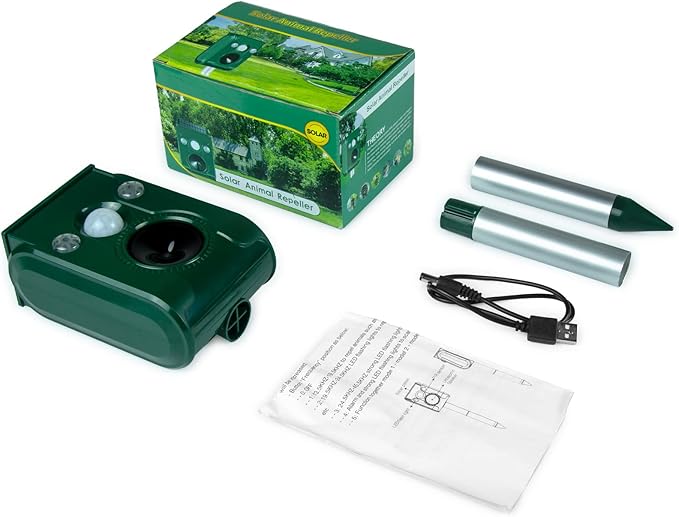 Solar Animal Repeller. Ultrasonic Animal Repellent. with Flashing LED Light and Alarm to expel Cats, Dogs, Squirrels, Deer, Raccoons, Skunks, Rabbits, Foxes, etc