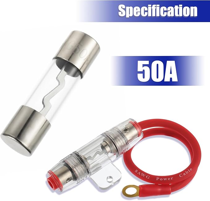 BOJACK 8 Gauge AWG 1ft Power Wire with 50 Amp AGU Fuse Holder for Car Audio, Alarm, Amplifier, Compressors, Waterproof Inline Fuse Holder 50A（Pack of 2）