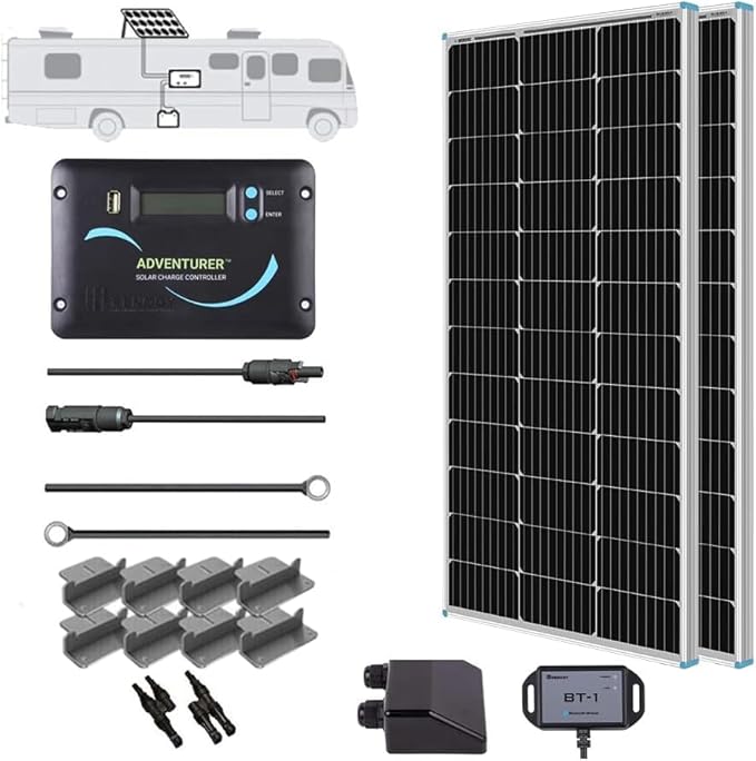 Renogy 200W 12V RV Solar Panel Kit N-Type - Adventurer 30A LCD PWM Charge Controller + Mounting Brackets for RVs, Boats, Trailers, Campers, Marine & Off - Grid Systems