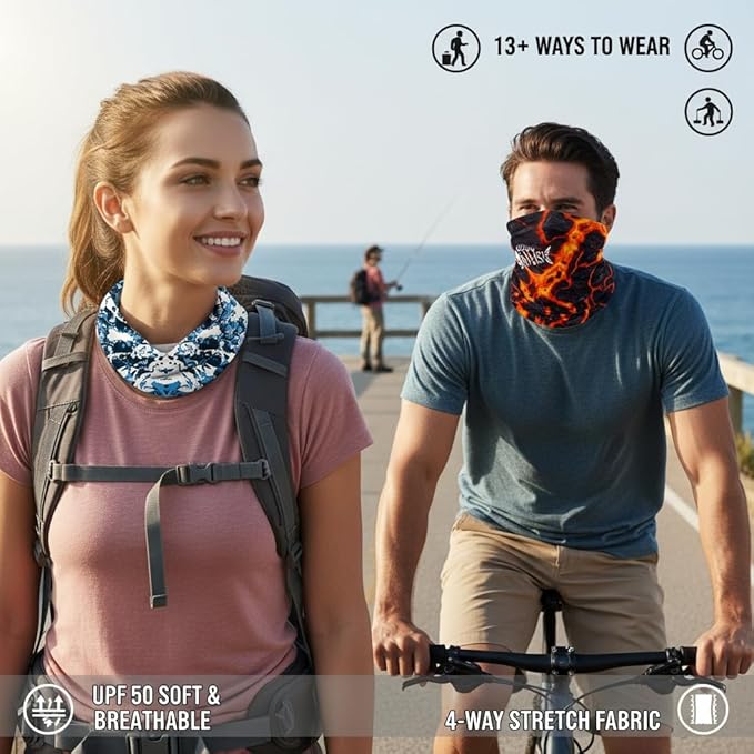 UPF 50 Sun Protection Neck Gaiter - 13-in-1 Multifunctional Face Cover for Hiking, Fishing, Cycling