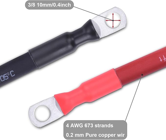 4 AWG Flexible Battery Cable with 3/8" Terminals - OFC Pure Copper Inverter & Welding Wire for Automotive Solar RV Motorcycle (Red + Black 2FT Pair)