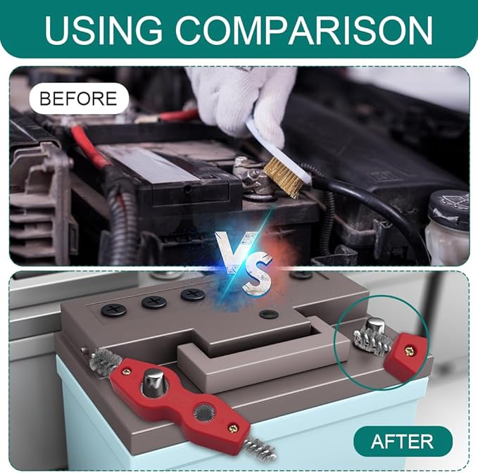 4 in 1 Car Battery Cleaning Brush, Battery Terminal Cleaner, Anti-Rust Car Terminals Machine Parts Cleaning Tool with Steel Wire, Auto Post Cleaner Brush Tool Fit for Vehicle & Marine (Red)