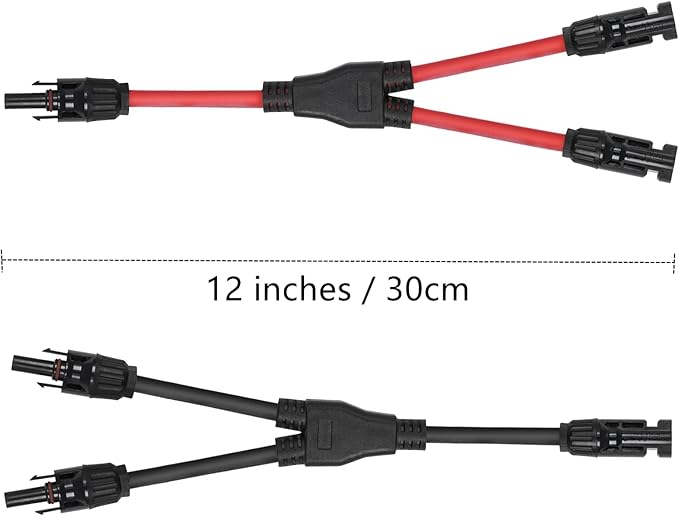 2 Pairs of 2 to 1 Solar Panel Connectors Y Branch Universal 10 AWG Solar Connectors (Red & Black)