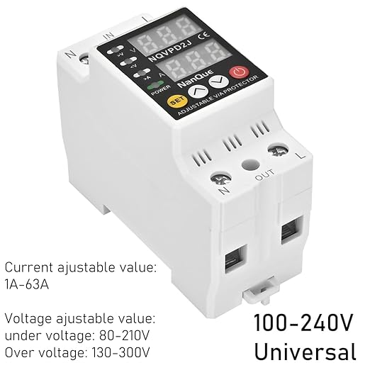 100-240V Universal Adjustable Over Under Voltage and Current Protector Automatic Recovery 80-300Volt 1-63Amp 40-70Hz Self Reset Electrical V A Display AC DC Power Meter Single Phase (63A)