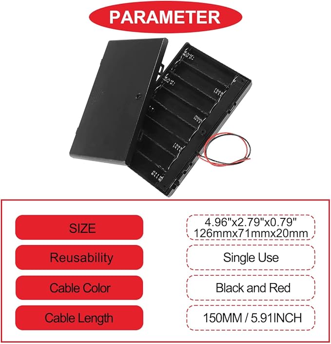 3Pcs 8 AA 12V Thicken Battery Holder Base Box Black Battery Case Holder with ON/Off Switch,Wire,Cover and Mounting Screws,for DIY and dc Equipment