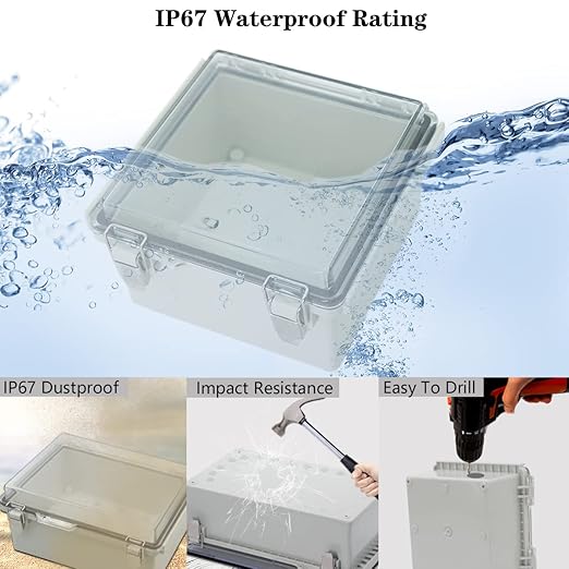 Zulkit Junction Box ABS Plastic Dustproof Waterproof IP67 Electrical Boxes Hinged Shell Outdoor Universal Project Enclosure Grey Clear Cover, Stainless Steel Buckles 5.9 x 5.9 x 3.5 inch