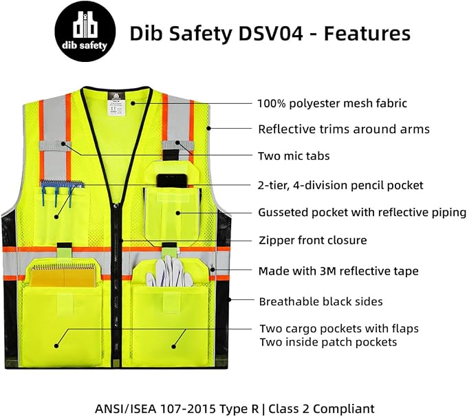 Dib Safety Reflective Vest Yellow Mesh, High Visibility Vest with Pockets and Zipper, ANSI Class 2 Heavy Duty, Made with 3M Reflective Tape, XL
