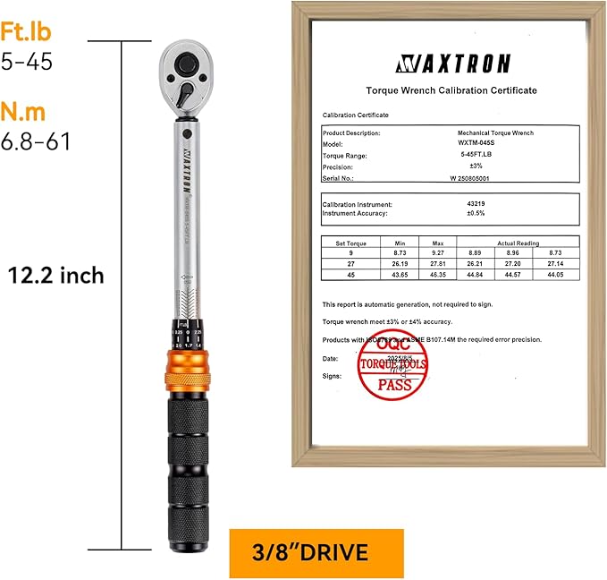 3/8" Foot Pound Torque Wrench, 5-45 Ft-Lb & 6.8-61 Nm Range, Dual-Direction 72-Tooth Click Wrench, Automotive Motorcycle & Bike Precision Maintenance, Heavy-Duty Storage Case Included