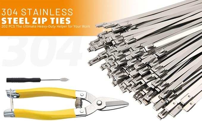 Stainless Steel Zip Ties Heavy Duty (202 PCS) with Metal Cutter, 11.8 Inch Self-Locking Cable Ties for Large Projects, Chain Link Fence & Outdoor Installation