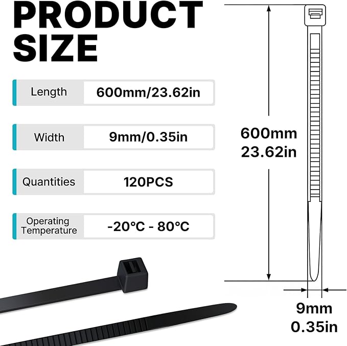 Cable Ties, Black, 0.35 inch*24 inch (9 mm x 600 mm), 120-Pack: UV-Resistant, Long Cable Ties, Black, 28 kg Tensile Strength. Suitable for indoor and outdoor use, home, and office.