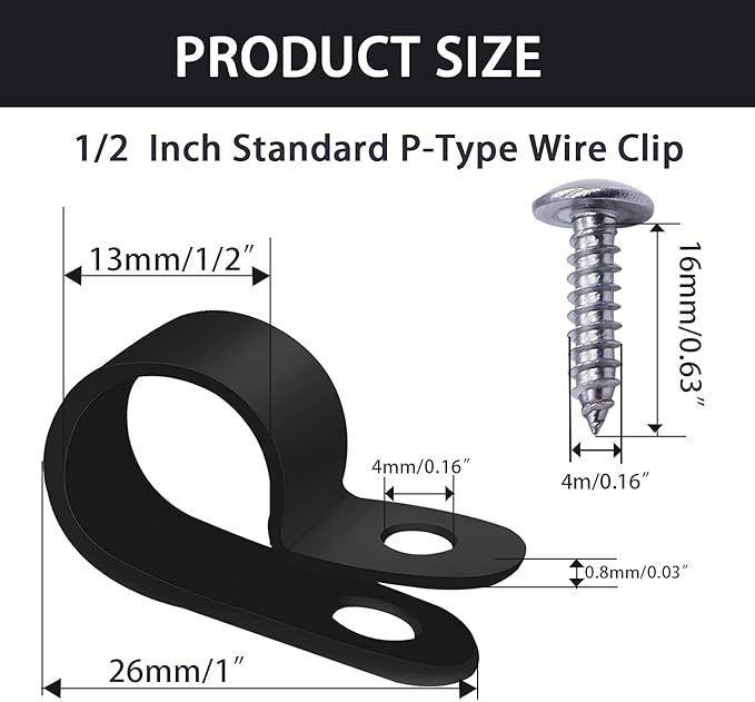 mankk 50PCS 1/2 Inch Rope Light Clips P-Style Mounting Clips Plastic Cable Clamps with Compatible Stainless Steel Pan Head Phillips Screws for Wire Management M-030-BK-LS