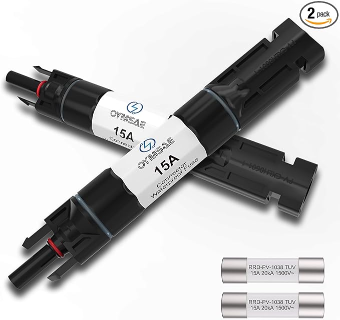 OYMSAE Solar Fuse Holder Inline Male & Female Connector 15 Amp PV Fuse for Solar Panel, Waterproof, Black,2PCS