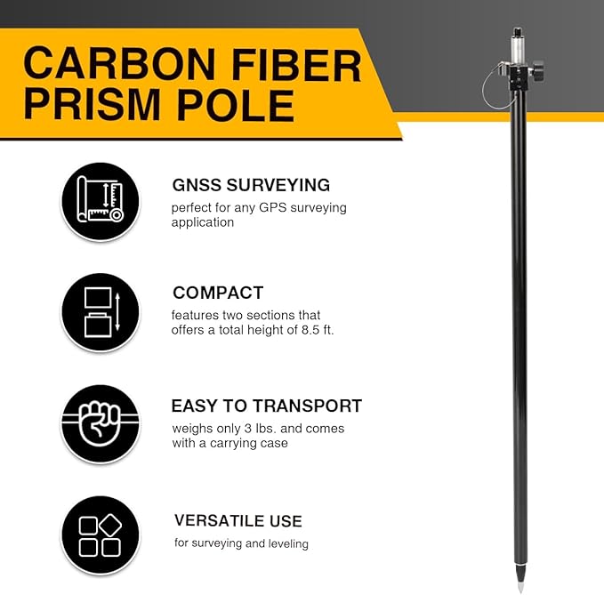 Telescopic GPS Pole, 8.2 FT Surveying Prism Pole, 1 Piece Design with Outer GT Graduations for Land Surveying